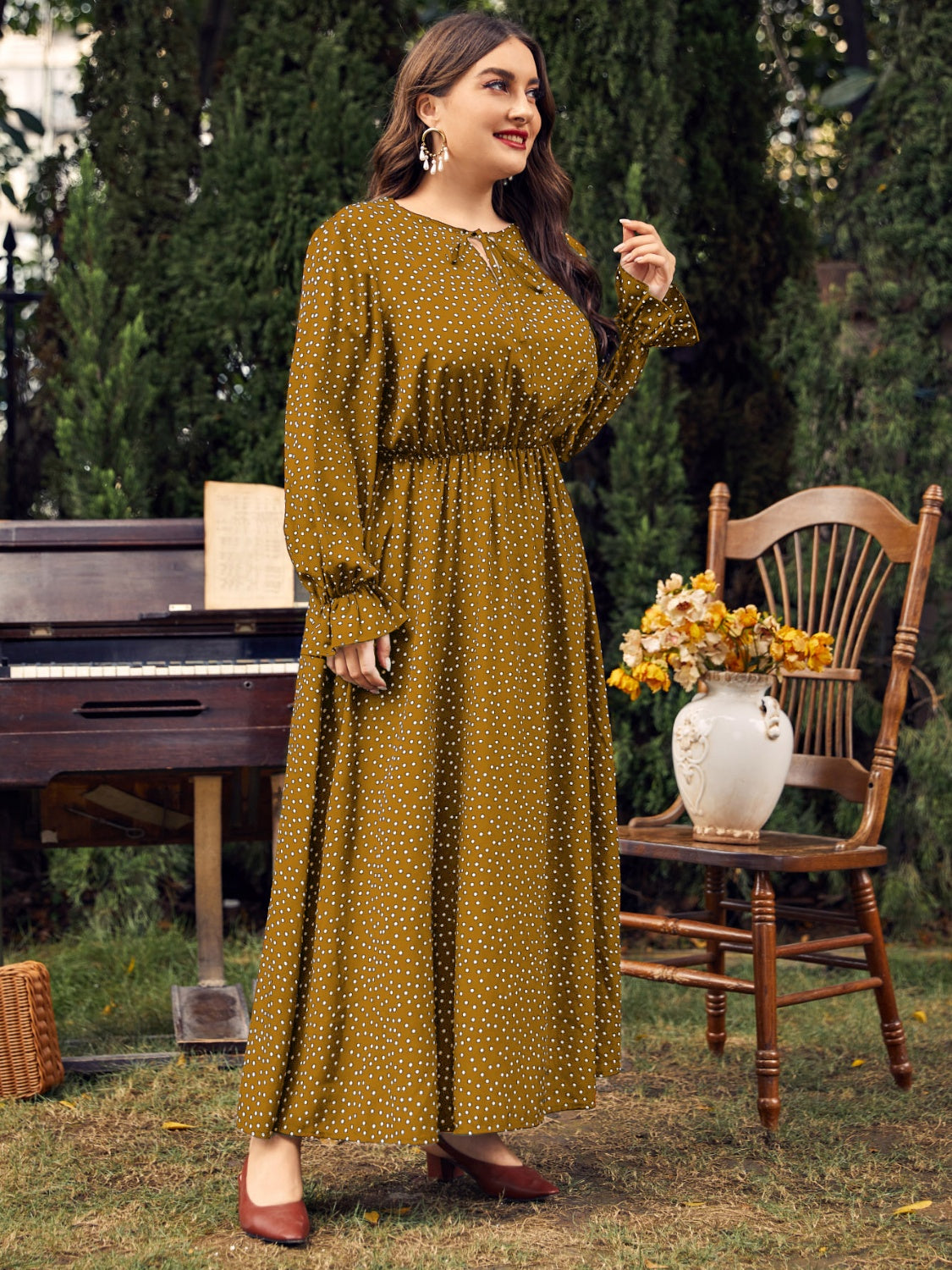 Honey Plus Size Ruffled Polka Dot Long Sleeve Midi Dress - Little Miss Vanilla