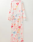 White Bow Knot Print Lapel Collar Wide Leg Satin Pajama Set - Little Miss Vanilla