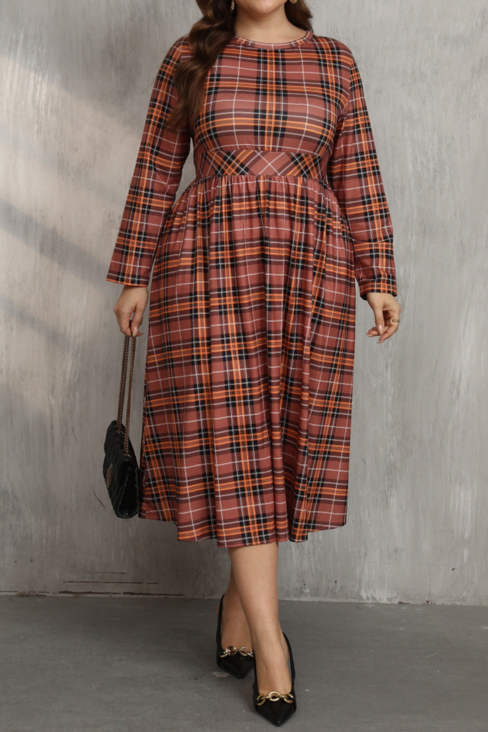 Plus Size Plaid Round Neck Long Sleeve Midi Dress - Little Miss Vanilla