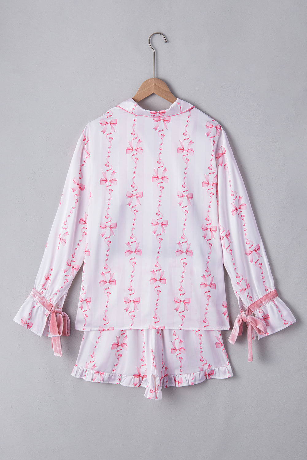 Pink Satin Bow Bell Sleeve Shirt and Ruffled Shorts Pajama Set - Little Miss Vanilla