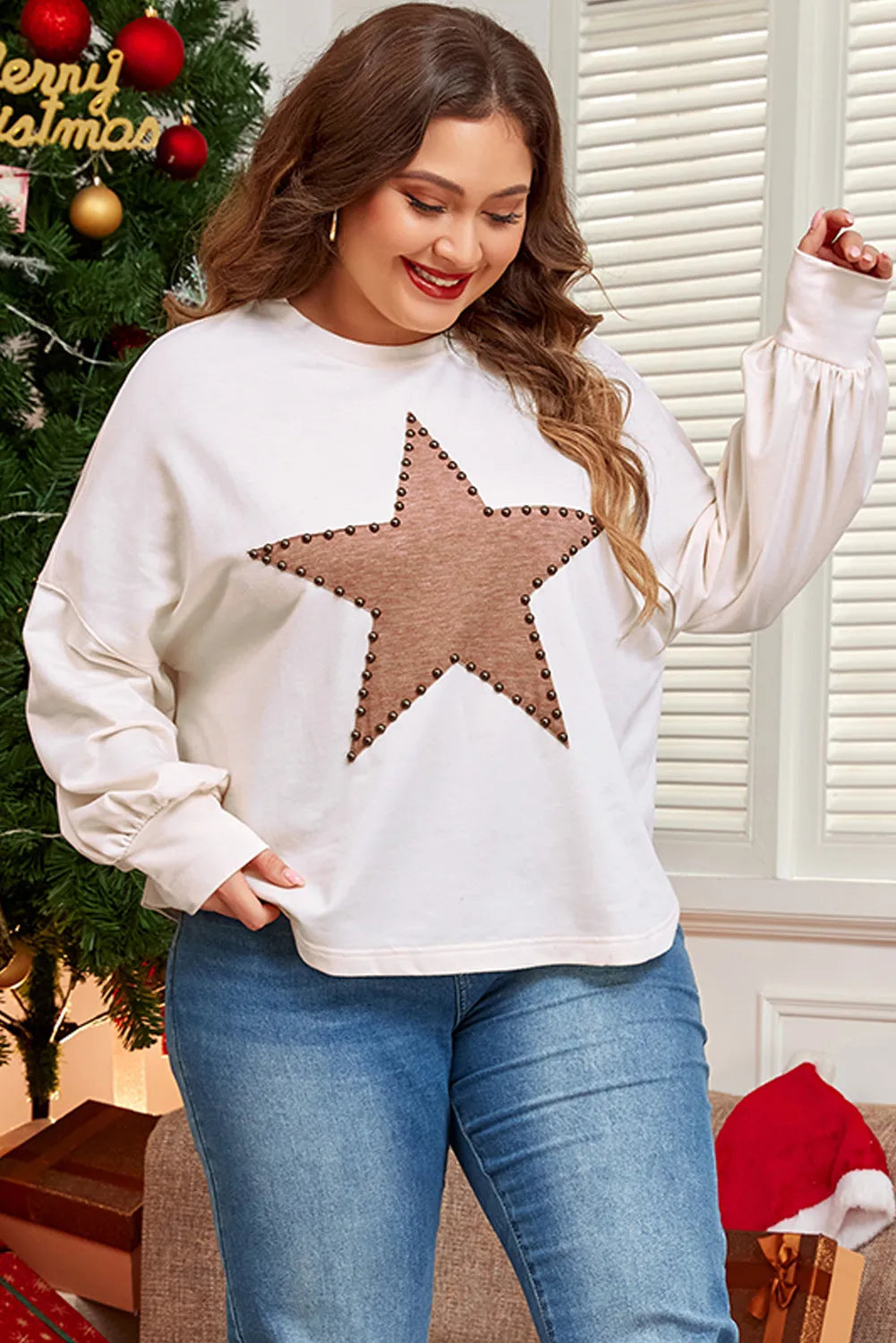 Plus Size Studded Star Round Neck Long Sleeve Blouse - Little Miss Vanilla