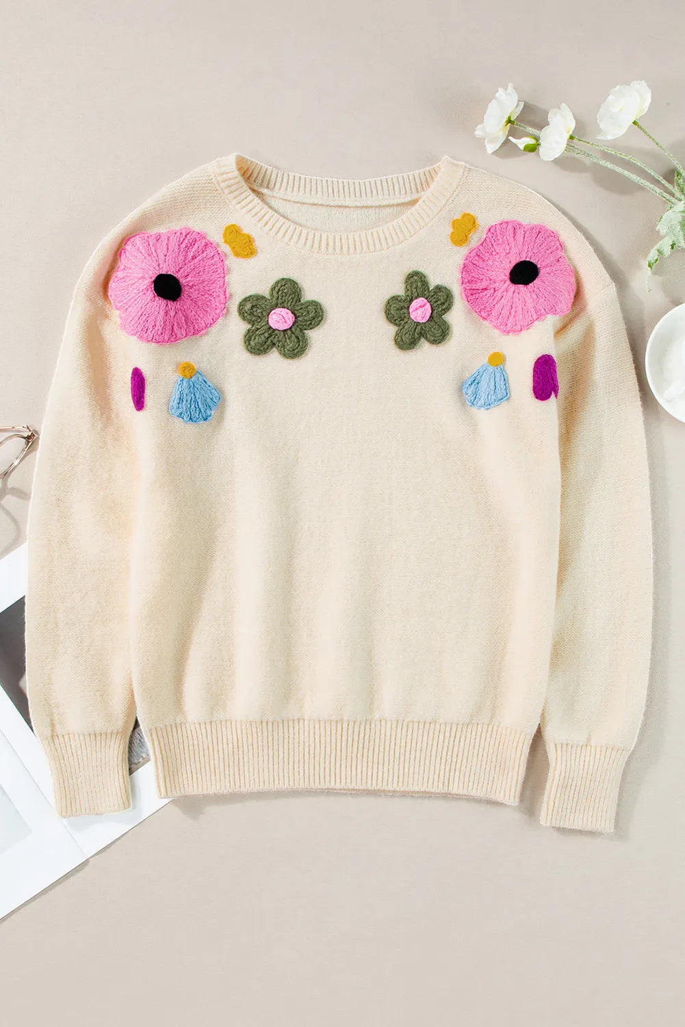 Plus Size Crochet Flower Round Neck Long Sleeve Sweater - Little Miss Vanilla