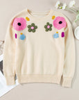 Plus Size Crochet Flower Round Neck Long Sleeve Sweater - Little Miss Vanilla