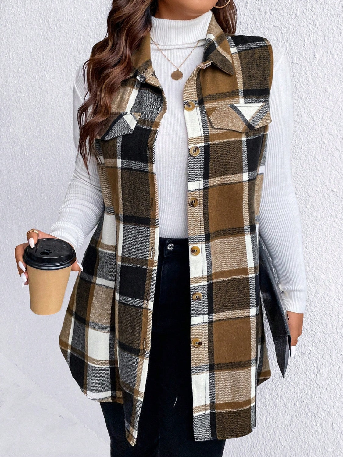 Honey Plus Size Pocketed Plaid Button Up Vest Coat - Little Miss Vanilla