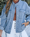 Drawstring Snap Down Denim Jacket with Chest Pockets - Little Miss Vanilla