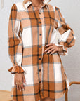 Khaki Plaid Pattern Collared Neck Ruffled Sleeve Shirt Dress - Little Miss Vanilla