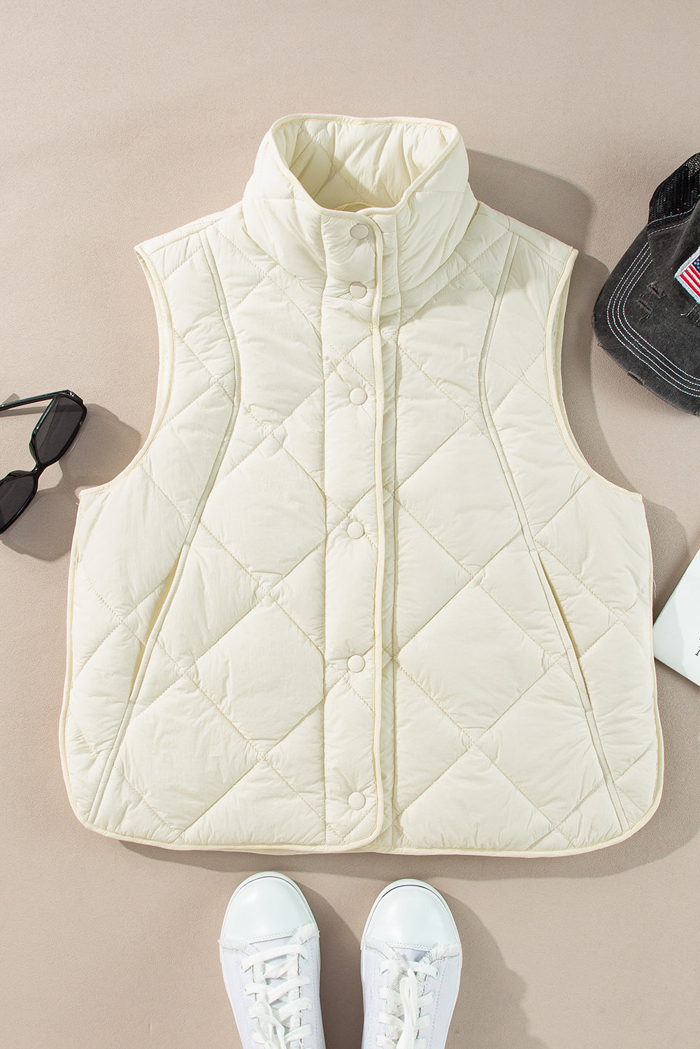 Beige Quilted High Neck Button Up Pocket Vest Coat - Little Miss Vanilla