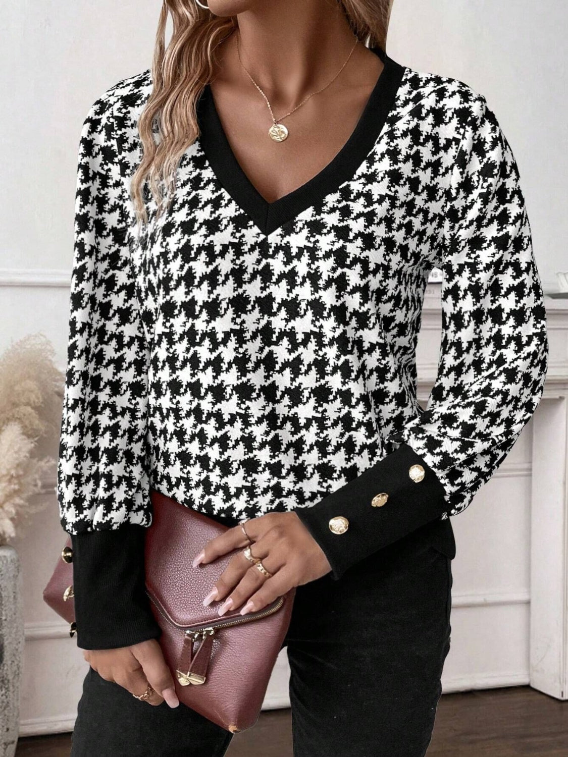 Houndstooth V-Neck Long Sleeve T-Shirt - Little Miss Vanilla