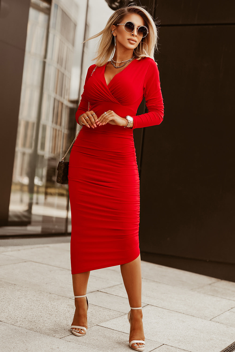 Fiery Red Long Sleeves Wrap V Neck Ruched Sheath Bodycon Dress - Little Miss Vanilla