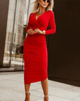 Fiery Red Long Sleeves Wrap V Neck Ruched Sheath Bodycon Dress - Little Miss Vanilla