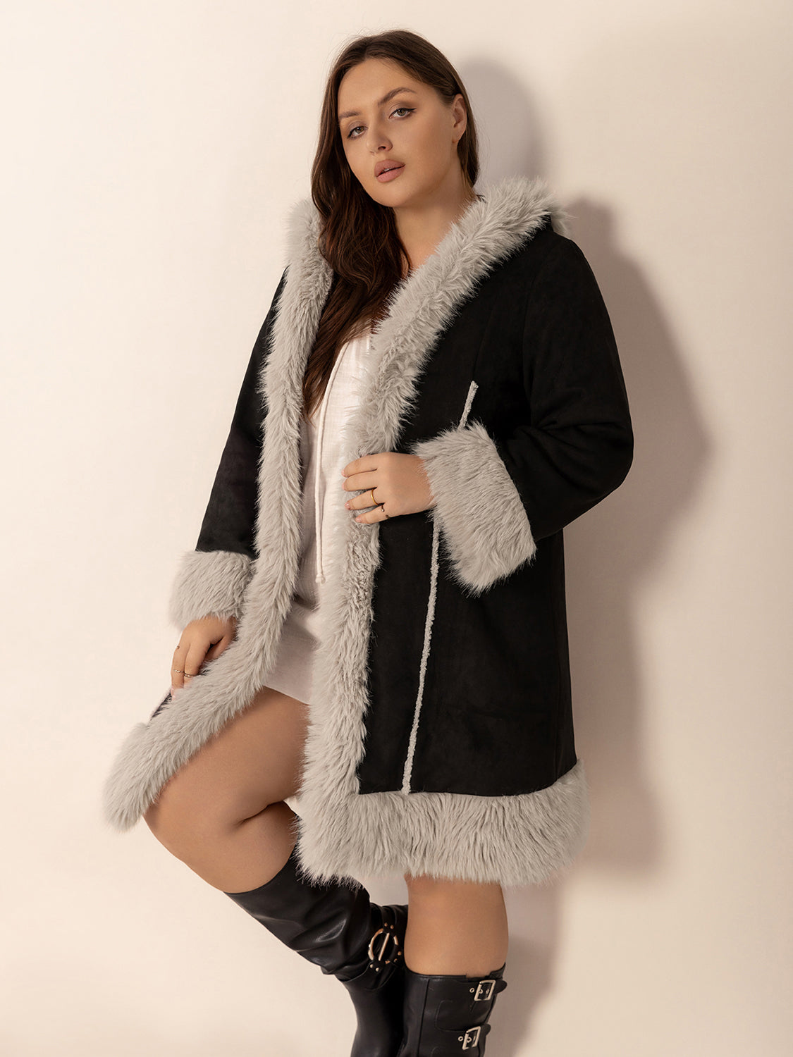 Plus Size Fuzzy Trim Open Front Long Sleeve Hooded Coat - Little Miss Vanilla