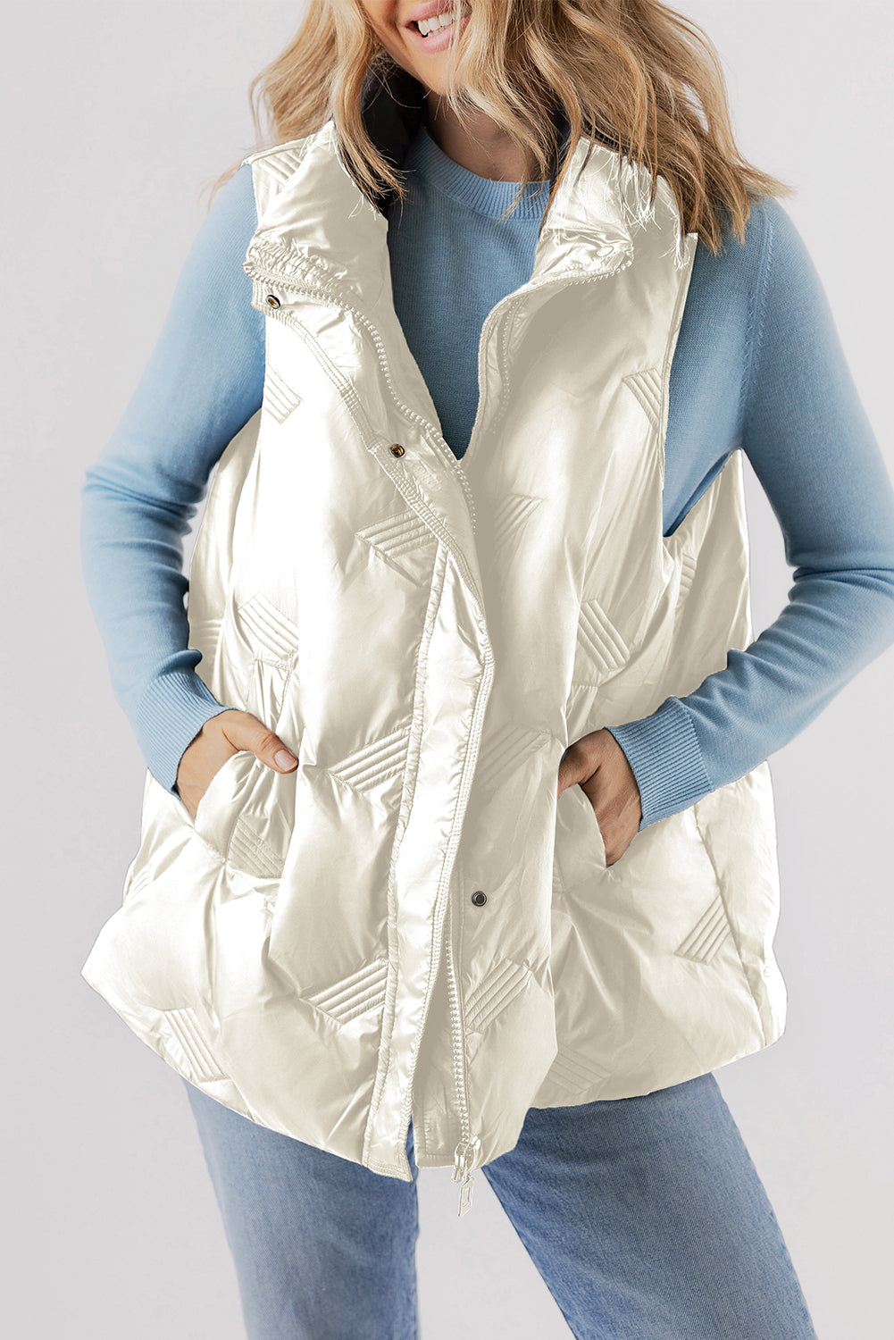 White Quilted High Neck Zip Up Jacket Vest - Little Miss Vanilla