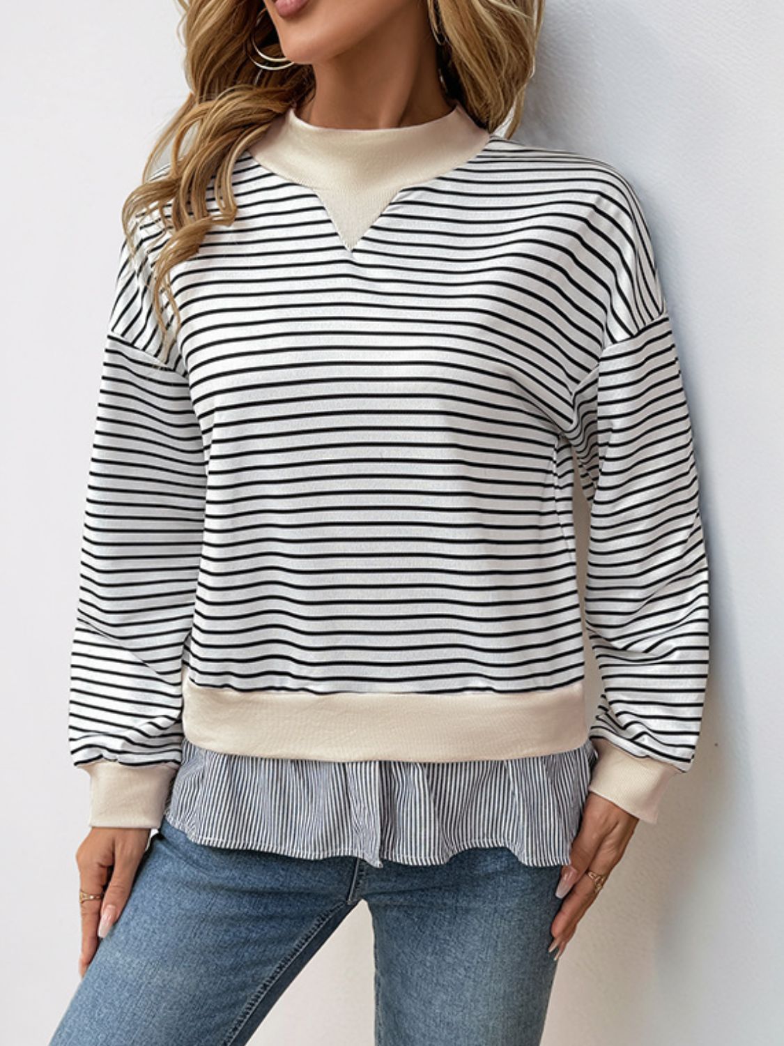 Perfee Faux Layered Striped Long Sleeve Sweatshirt - Little Miss Vanilla