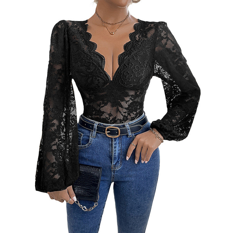 Tight Long Sleeve V-neck Lace Jumpsuit - Little Miss Vanilla