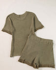 Laurel Green Fringe Trim Textured Short Two Piece Set