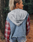 Beau Blue Plaid Print Patchwork Hooded Raw Hem Denim Jacket