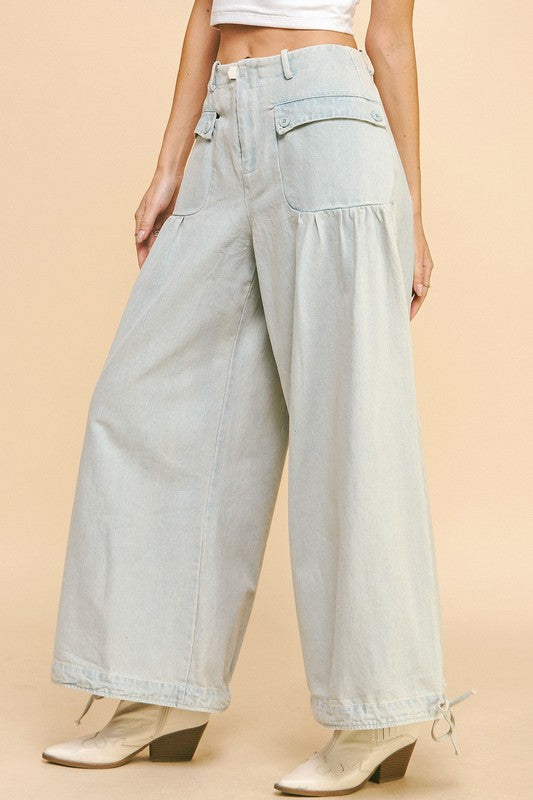 Davi & Dani Drawstring Hem Wide Leg Mid Rise Jeans - Little Miss Vanilla