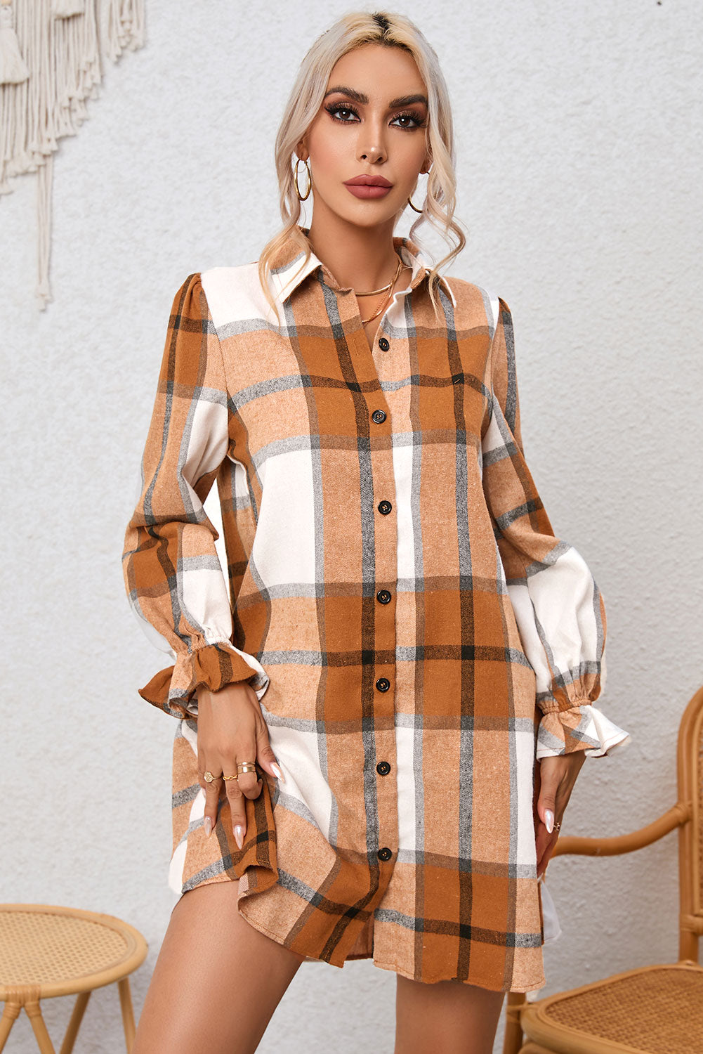 Khaki Plaid Pattern Collared Neck Ruffled Sleeve Shirt Dress - Little Miss Vanilla