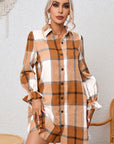 Khaki Plaid Pattern Collared Neck Ruffled Sleeve Shirt Dress - Little Miss Vanilla