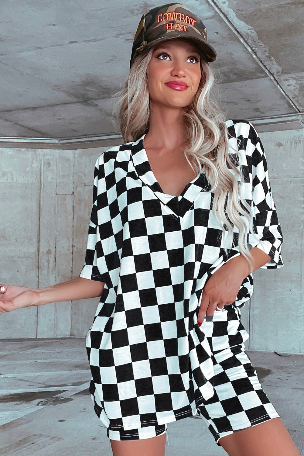 Black Checkerboard Print V Neck Loose Tee and Shorts Lounge Set - Little Miss Vanilla