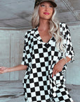 Black Checkerboard Print V Neck Loose Tee and Shorts Lounge Set - Little Miss Vanilla