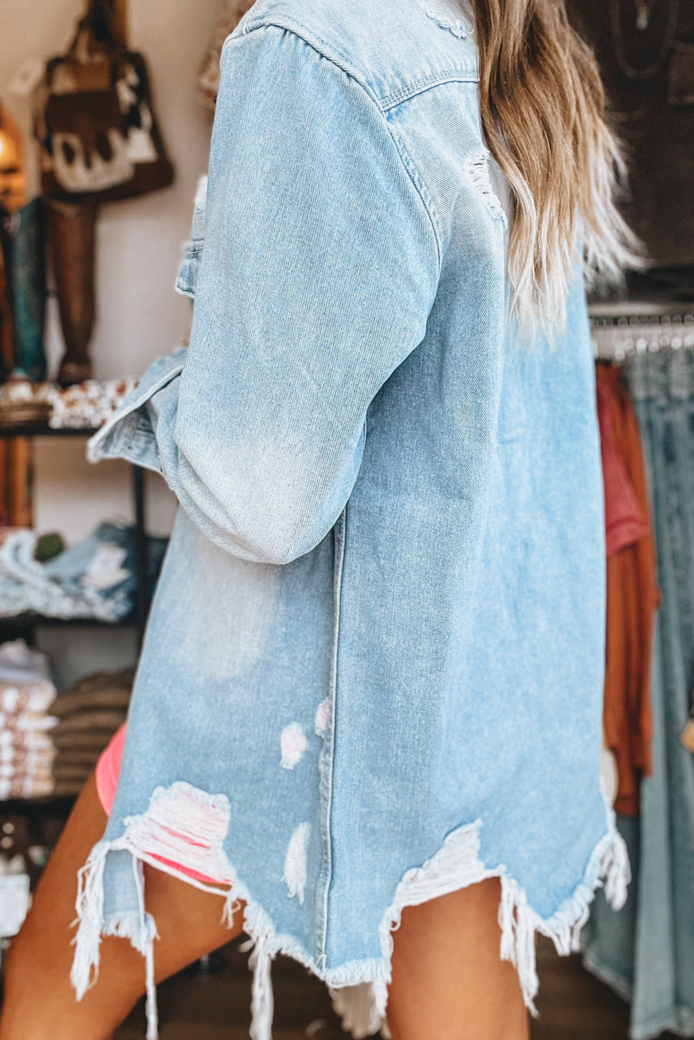 Beau Blue Mineral Wash Distressed Frayed Long Denim Jacket - Little Miss Vanilla