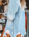 Beau Blue Mineral Wash Distressed Frayed Long Denim Jacket - Little Miss Vanilla