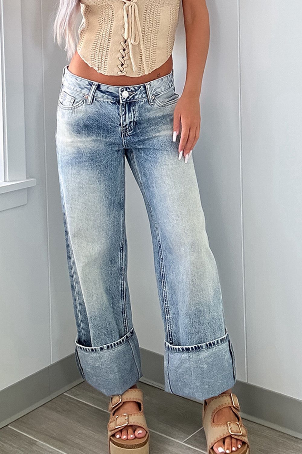 Washed Wide Leg Jeans with Pockets - Little Miss Vanilla