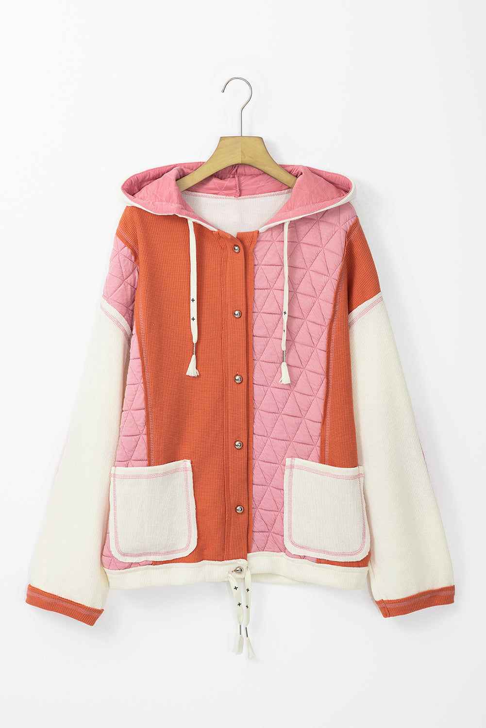 Coral Quilted Textured Patchwork Loose Fit Hooded Jacket - Little Miss Vanilla