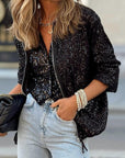 Black Sequin Zip up Round Neck Long Sleeve Jacket