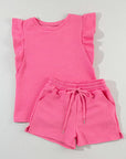 Bonbon Textured Ruffled Sleeve Tee and Drawstring Shorts Set