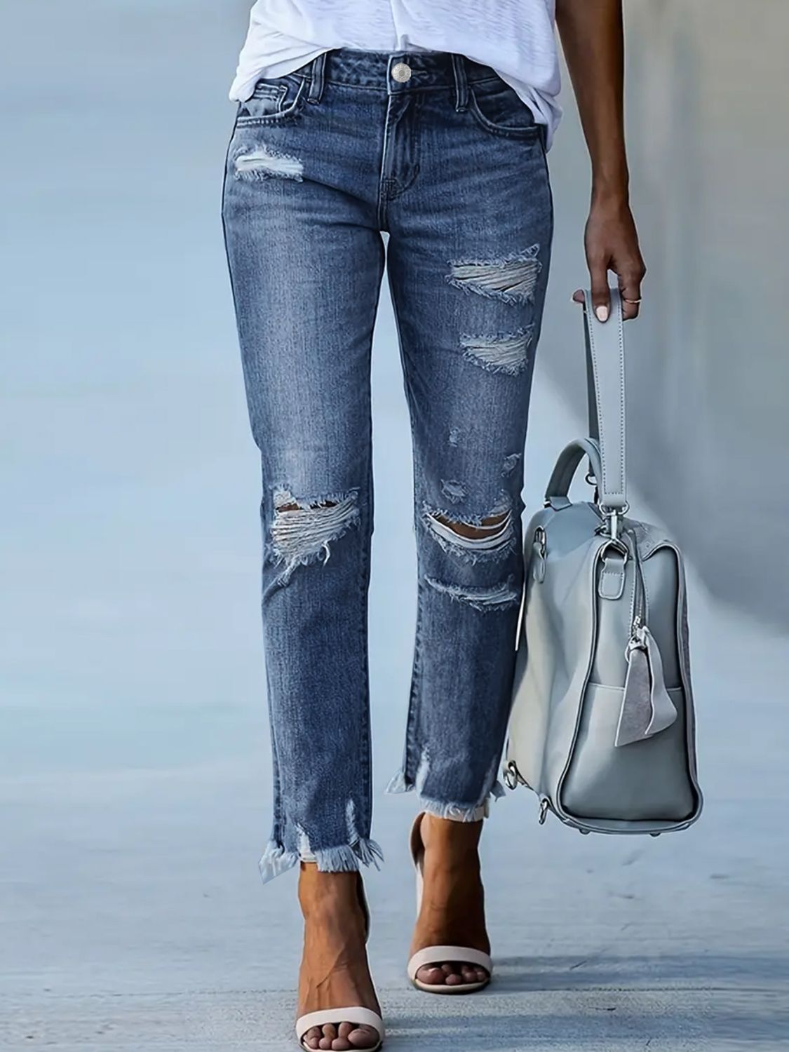 Distressed Raw Hem Jeans with Pockets - Little Miss Vanilla