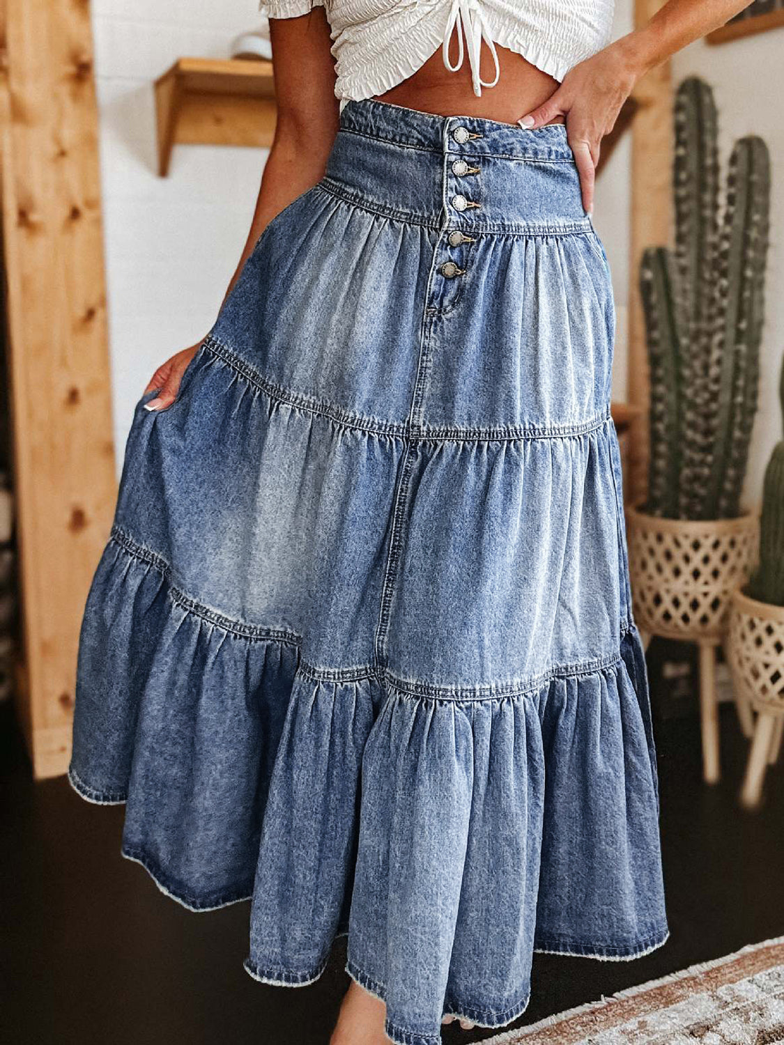 Tiered Button-Fly Denim Skirt - Little Miss Vanilla