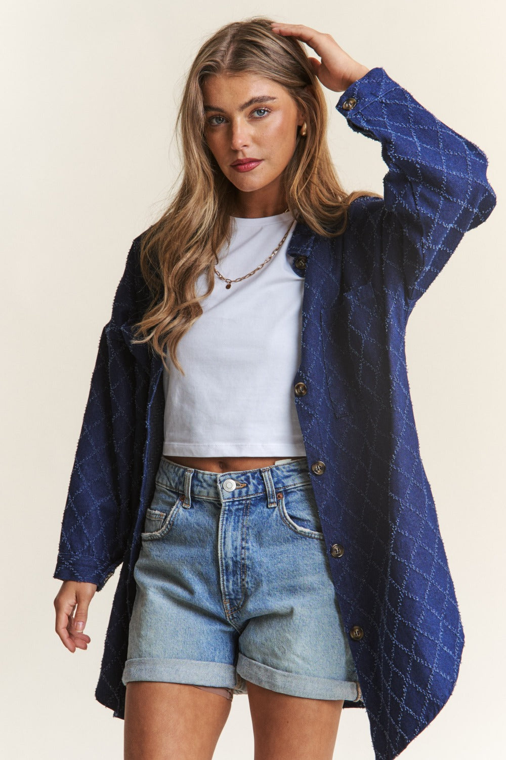 J.NNA Rhombus Stitched Button Up Denim Shacket - Little Miss Vanilla