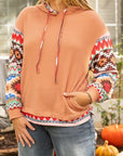 Plus Size Drawstring Geometric Long Sleeve Hoodie - Little Miss Vanilla