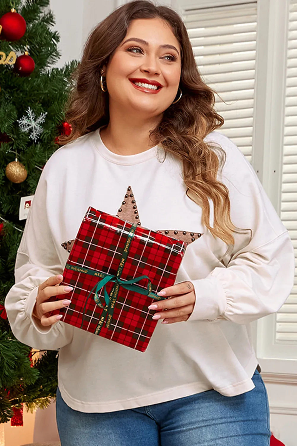 Plus Size Studded Star Round Neck Long Sleeve Blouse - Little Miss Vanilla