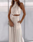 Summer Suits Casual Sleeveless Midriff-baring Top And Wide Leg Pants 2pcs Set Womens Clothing