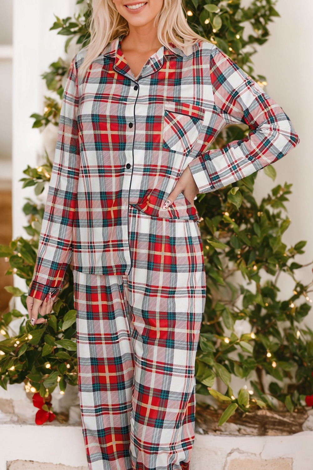 Red Christmas Plaid Print Two Piece Long Sleeve Pajamas Set - Little Miss Vanilla