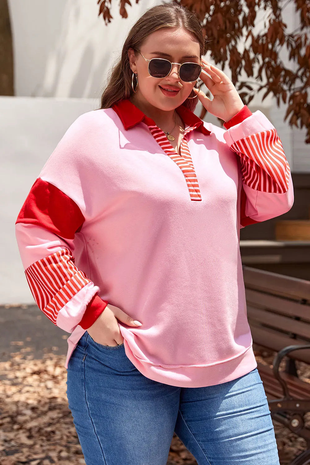 Plus Size Color Block Johnny Collar Long Sleeve Sweatshirt - Little Miss Vanilla