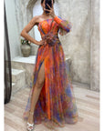 Mesh Tie-dye Printed Off-shoulder Slit Dress Summer INS Fashion Long Dress Party Womens Clothing