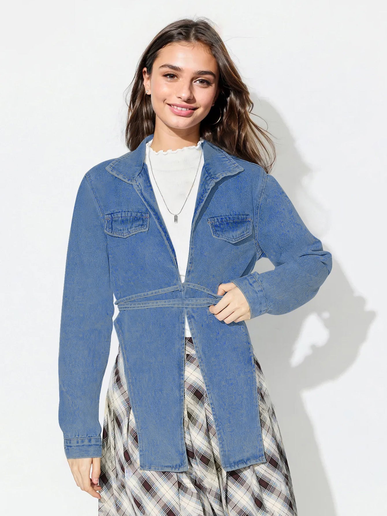 Asymmetric Slit Collared Neck Long Denim Top - Little Miss Vanilla