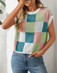 Mandy Checkered Round Neck Cap Sleeve Knit Top - Little Miss Vanilla