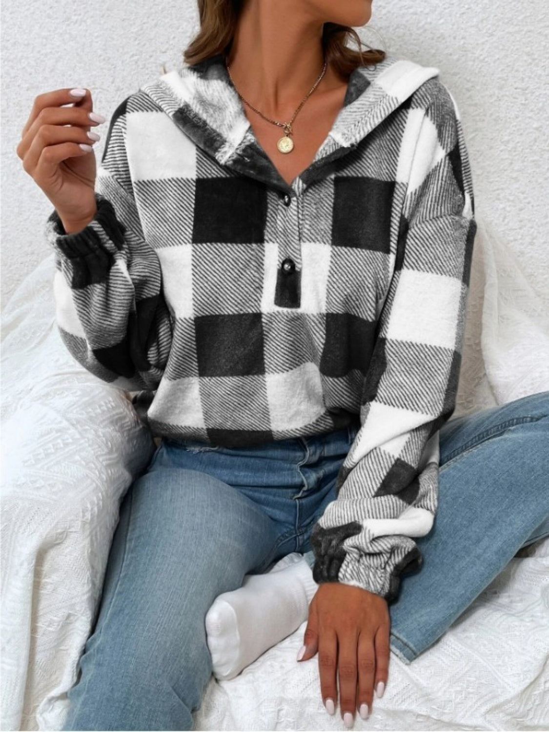 Plaid Half Button Long Sleeve Hoodie - Little Miss Vanilla