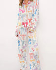 White Bow Knot Print Lapel Collar Wide Leg Satin Pajama Set - Little Miss Vanilla