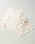 Beige Checkered Print Long Sleeve Top and Pants Lounge Set - Little Miss Vanilla