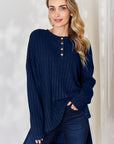 Basic Bae Full Size Ribbed Half Button Long Sleeve High-Low T-Shirt - Little Miss Vanilla