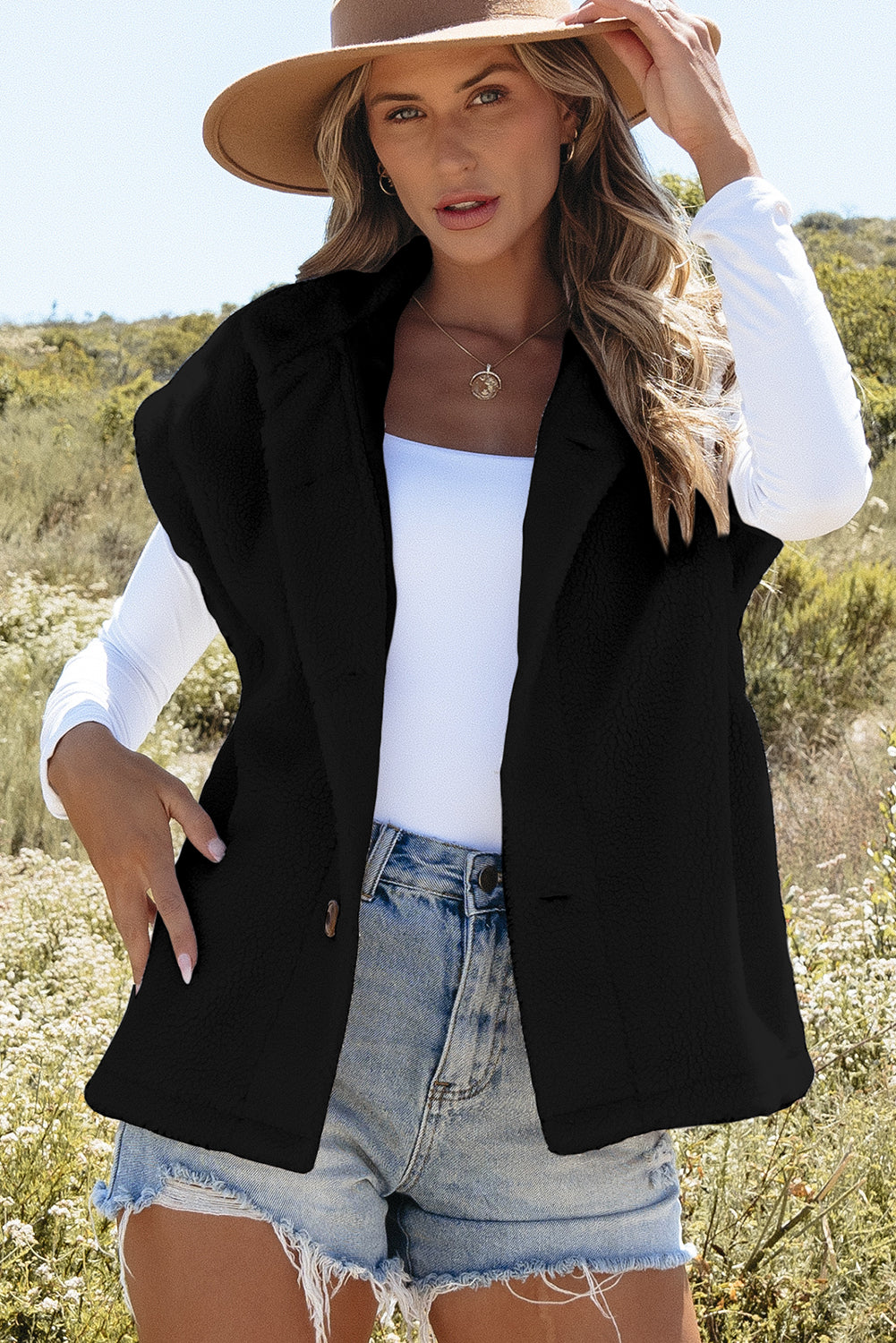 Black Sherpa Stand Collar Jacket Vest - Little Miss Vanilla