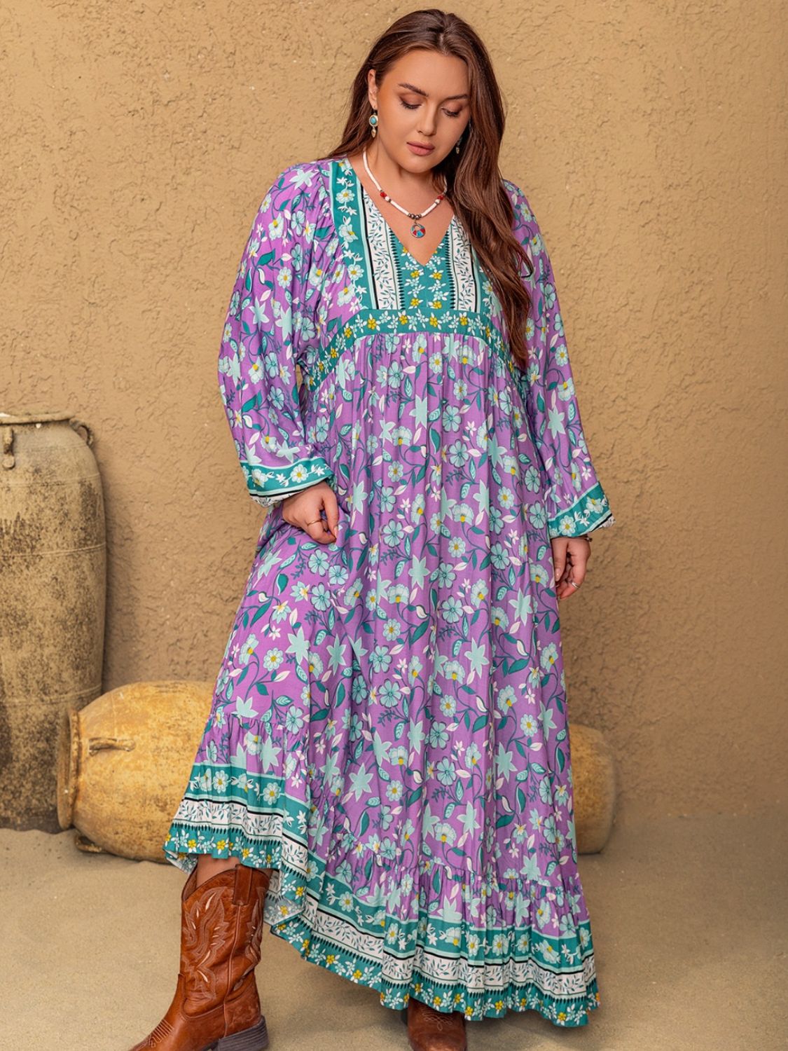 Plus Size Printed V-Neck Long Sleeve Maxi Dress - Little Miss Vanilla