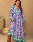 Plus Size Printed V-Neck Long Sleeve Maxi Dress - Little Miss Vanilla