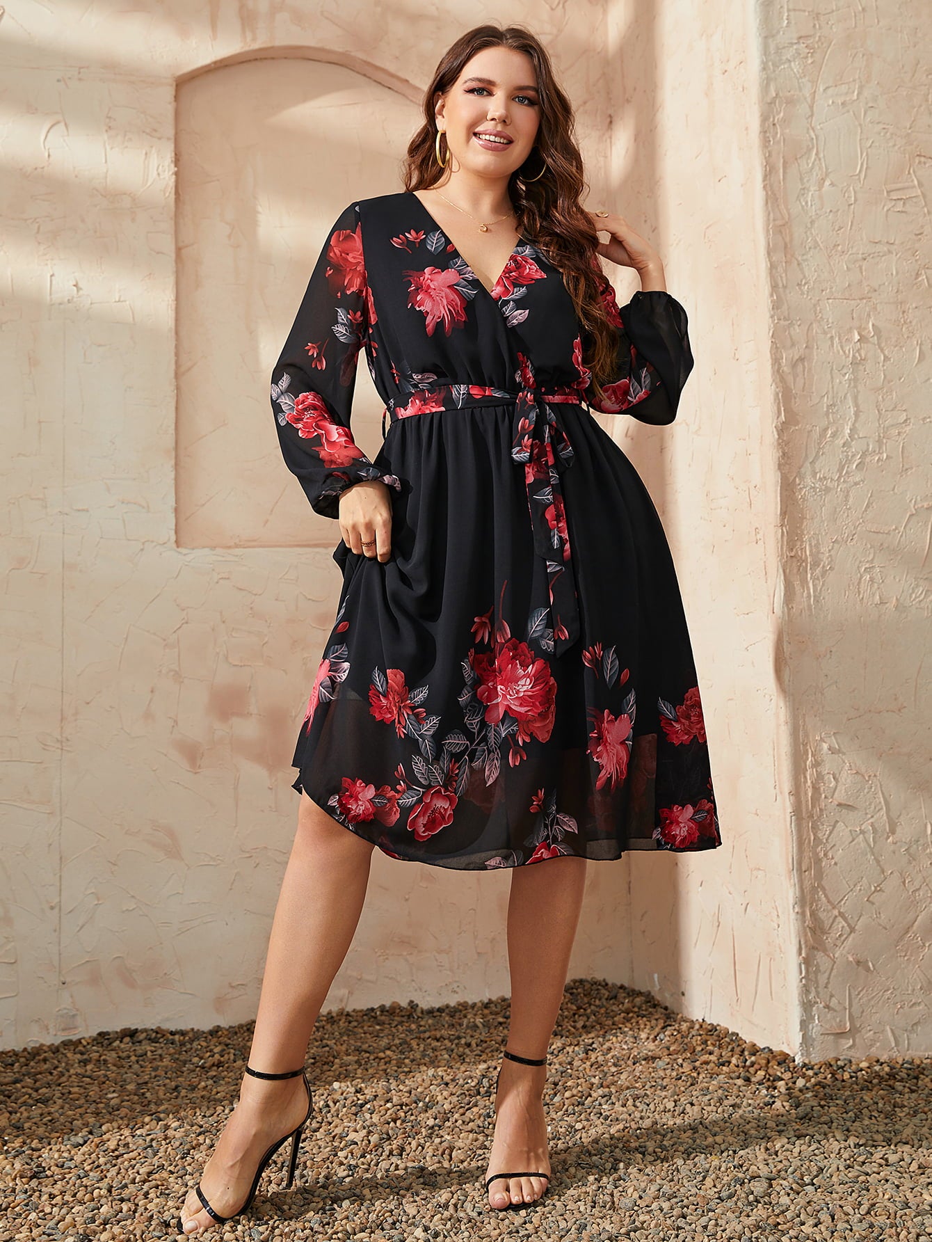 Honey Plus Size Floral Surplice Neck Tie Waist Dress - Little Miss Vanilla